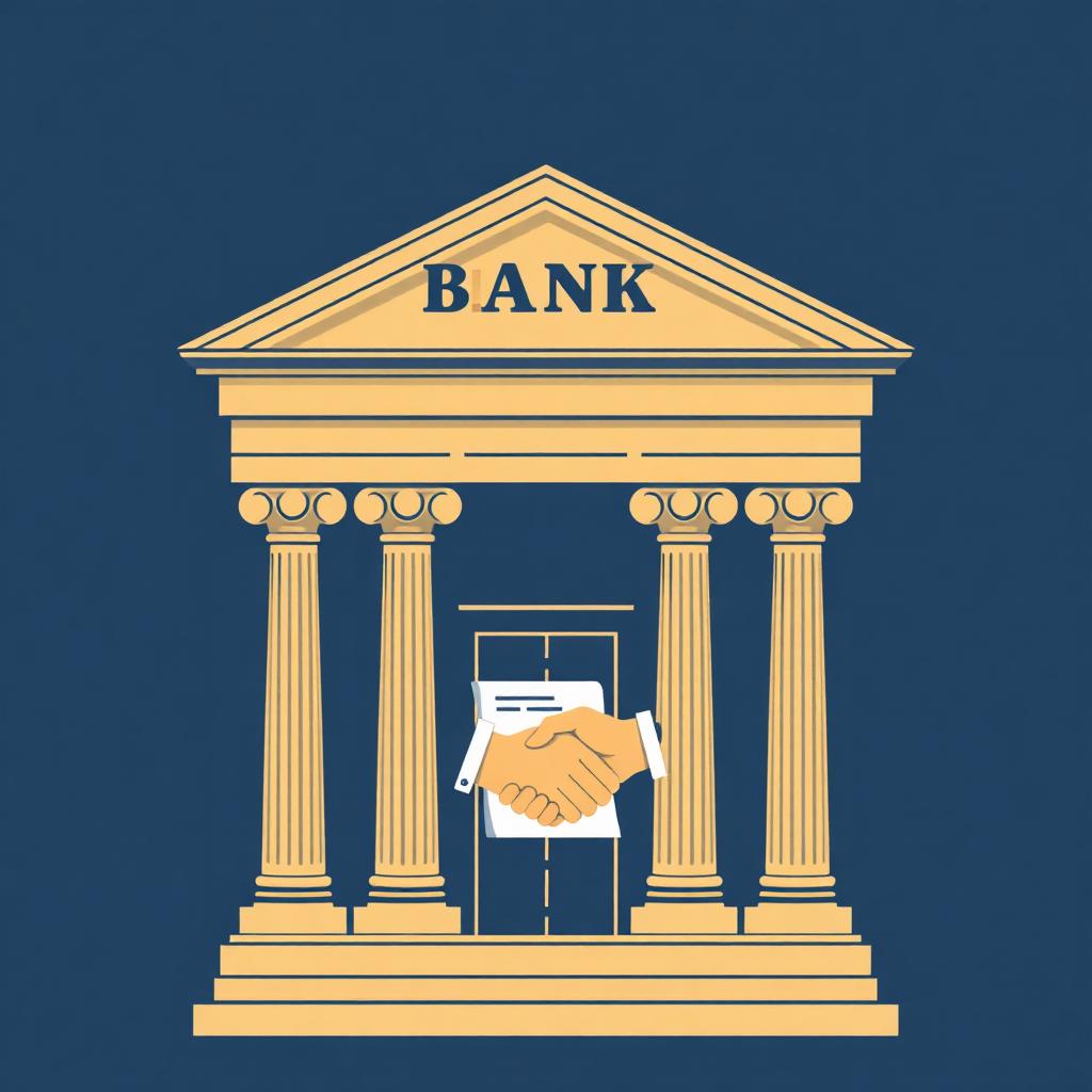 Bank building with handshake over loan document