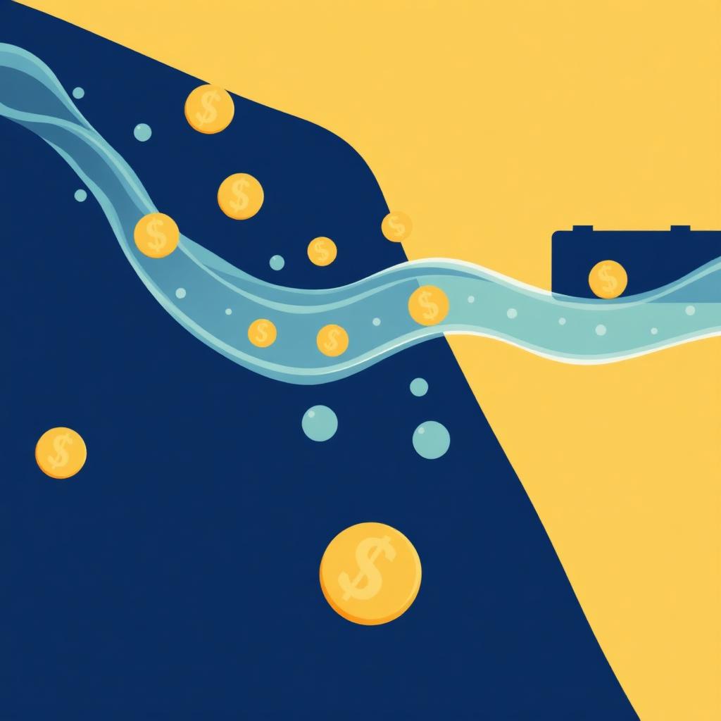 Cash flow illustration with coins flowing through a stylised channel