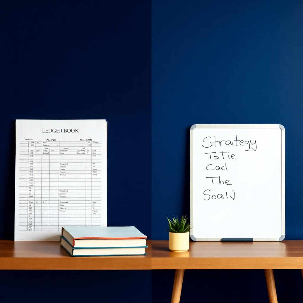 Ledger book beside a strategy whiteboard