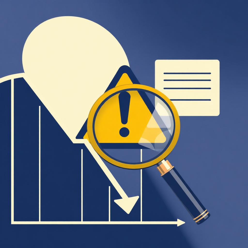 Warning sign over a downward chart with a magnifying glass