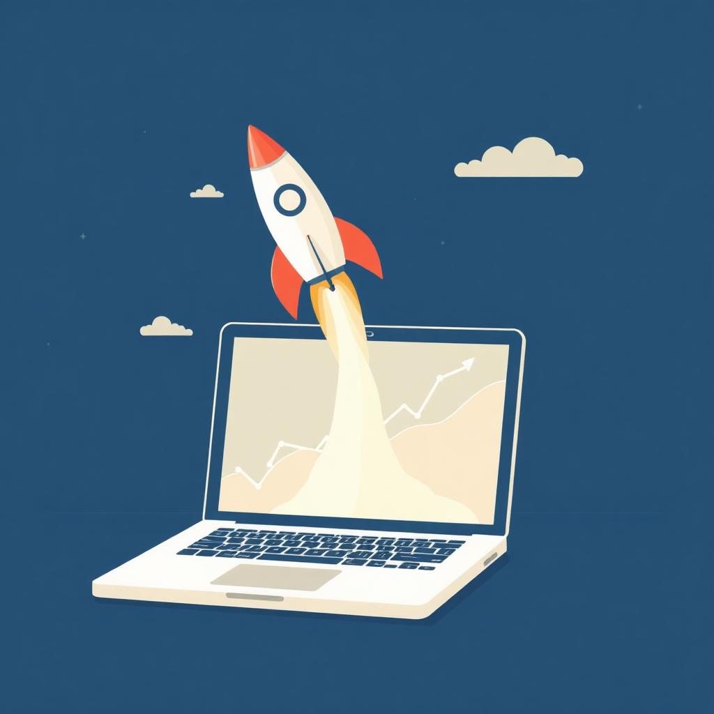 Startup rocket launching from a laptop with growth chart