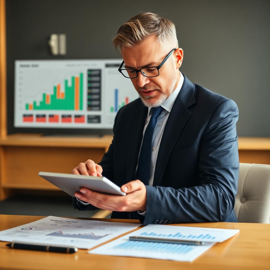 Finance executive analysing dashboards on a tablet